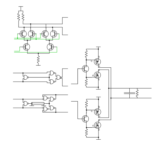 Signal goes from left to right. Right is a filter circuit. In the middle is the charge pump. Left are three phase detectors. From top to bottom: The Gilbert cell works for sine waves, square waves, and less good for pulses. On square waves it acts as an XOR gate, which can also be composed of NANDs. Adding feedback and removing one NAND gives the time frequency detector. The delay prevents the dead band.