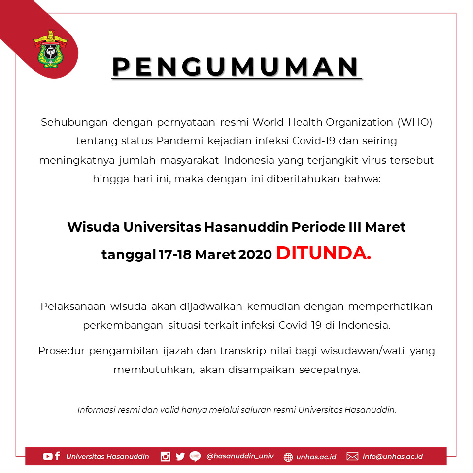 Cegah Penyebaran Covid-19, Unhas Putuskan Tunda Wisuda Periode III 2019/2020