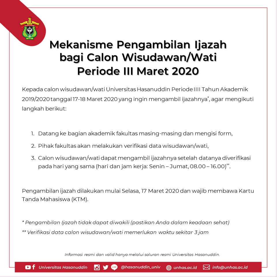 Prosedur Pengambilan Ijazah Bagi Calon Wisudawan Periode Maret 2020