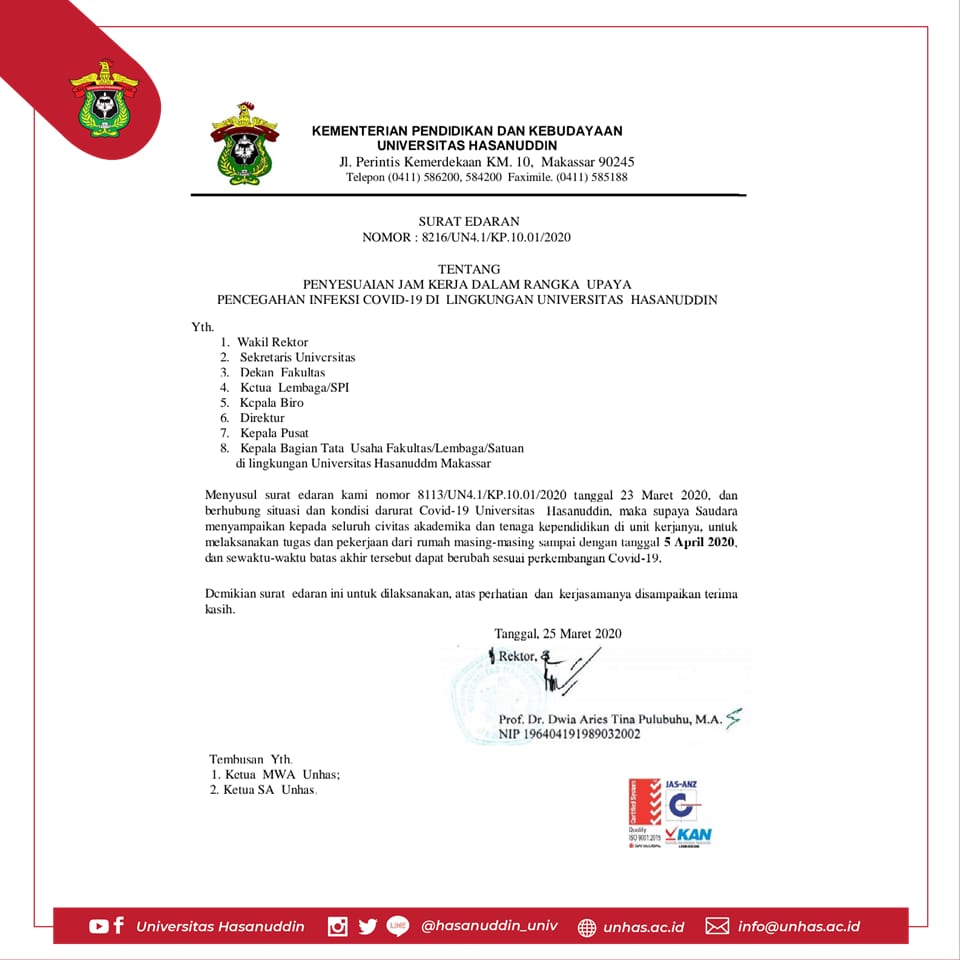 Unhas Perpanjang Masa Bekerja Dari Rumah Hingga 5 April 2020