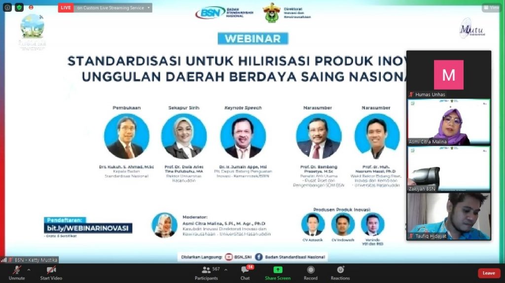 Unhas dan BSN Gelar Webinar Standarisasi Produk Inovasi Berdaya Saing Nasional