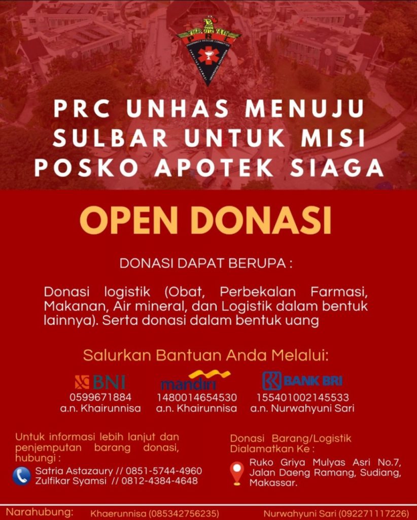 PRC Unhas Open Donasi Untuk Misi Posko Apotek Siaga Sulbar