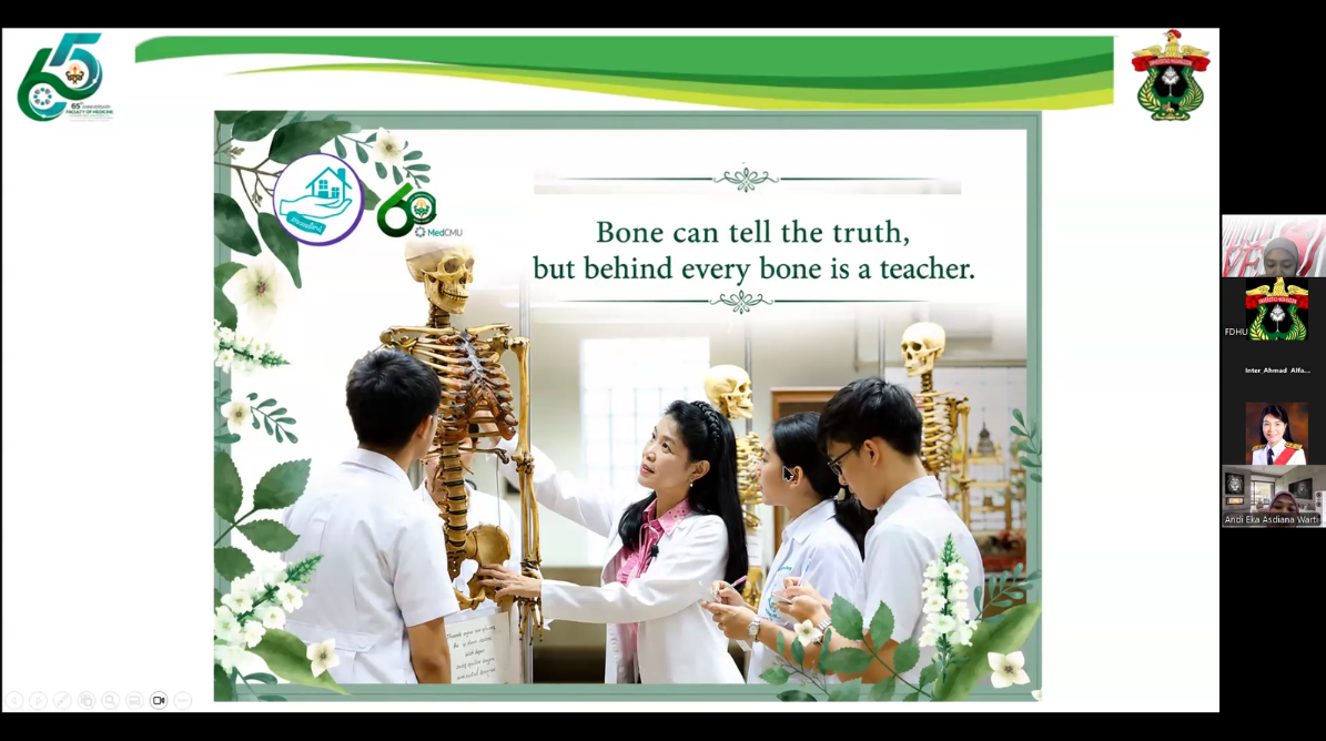 Medical instructor teaching students with skeleton model