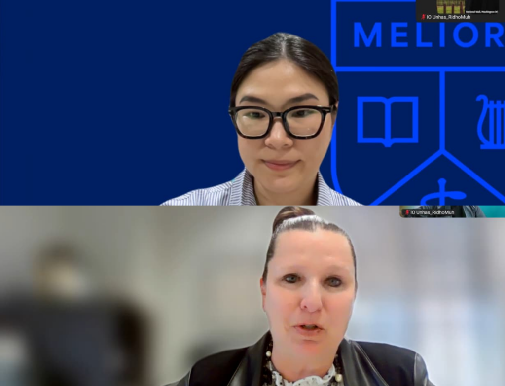 Two women speaking in virtual meeting split screen