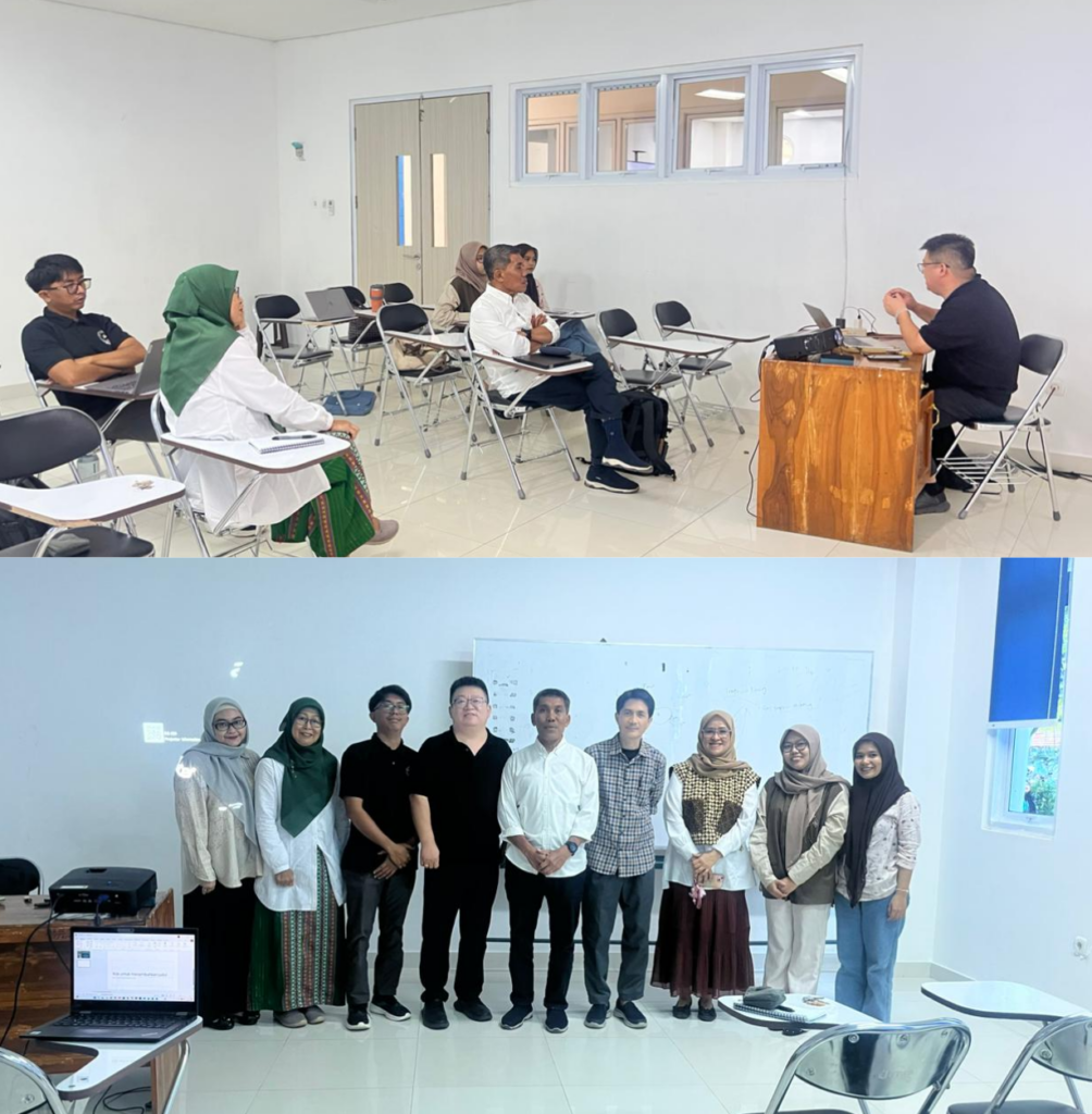 Small classroom lecture and group photo of adults