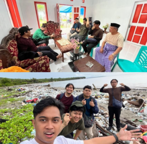 Friends indoors and at trash-strewn beach