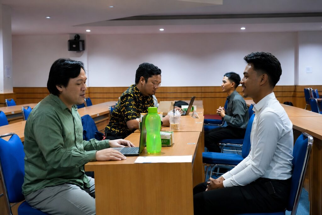 Empat pria berdiskusi di ruang pertemuan