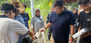 Group of people examining goat outdoors