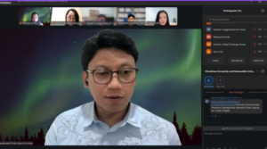 Man speaking during virtual meeting with aurora background