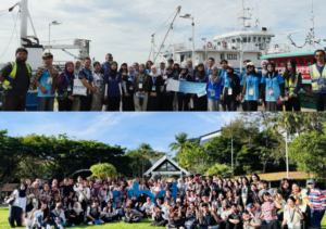 Large groups posing at harbor and park