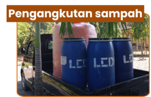 Truck carrying blue LED barrels and wrapped furniture