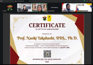 Virtual meeting screen displaying certificate for Professor Naoki Takahashi