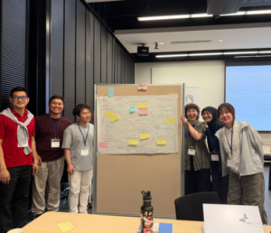 Six workshop participants pose beside a sticky-note brainstorming board.