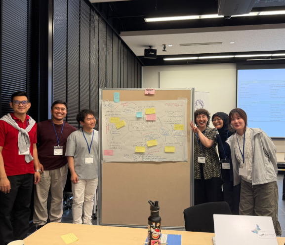 Six workshop participants pose beside a sticky-note brainstorming board.