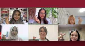 Six students making finger-heart gestures in video call