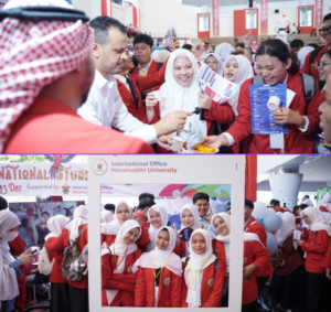 Students in red uniforms celebrate at an international university event