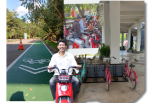 Campus transportation collage featuring bicycles, scooters, and bike lanes