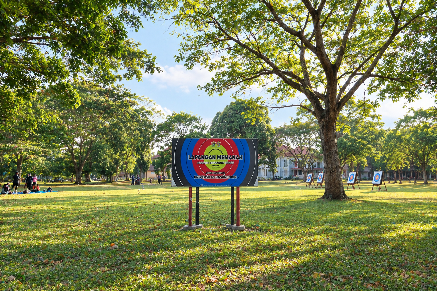 Lapangan memanah Universitas Hasanuddin di bawah pepohonan rindang