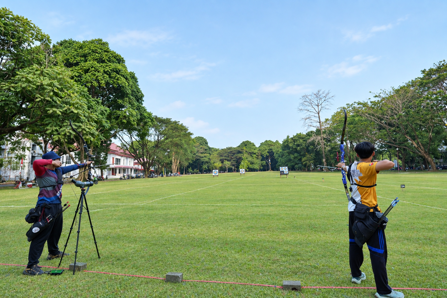 Dua pemanah membidik sasaran di lapangan hijau