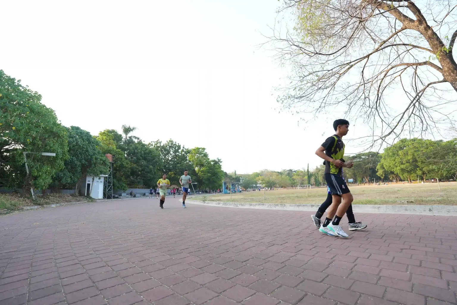 Para pelari berolahraga di jalur taman rindang