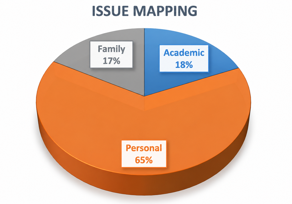 Issue mapping pie chart: personal, academic, and family